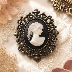 Vintage Bronze Tone Black and White Cameo Brooch Pin
